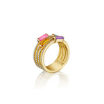 Yellow gold with brilliant diamonds and pink tourmaline, citrine, blue topaz, amethyst ring